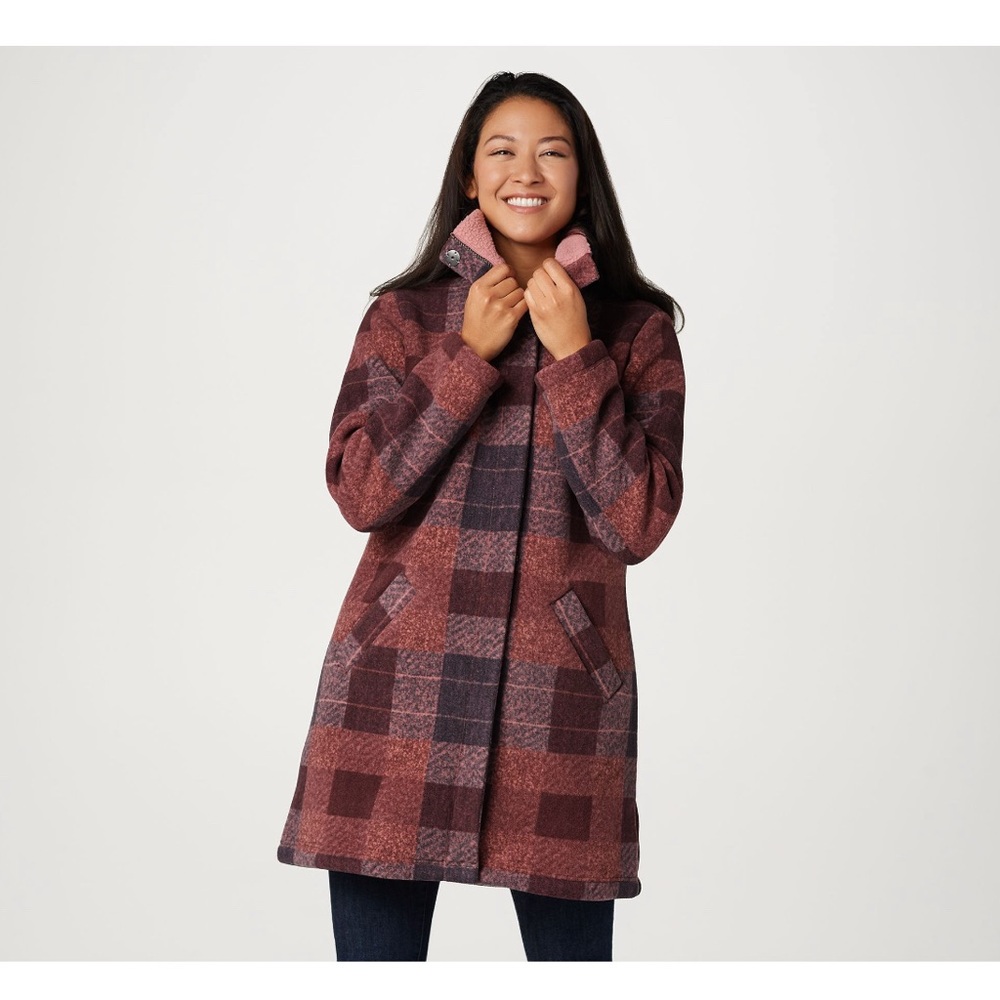 Denim&Co Burgundy and Gray Plaid Pea Coat